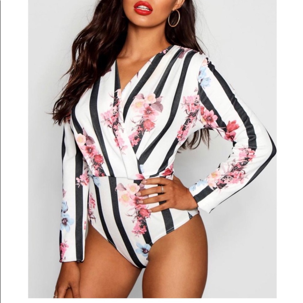 Boohoo Stripe Mix Floral Bodysuit